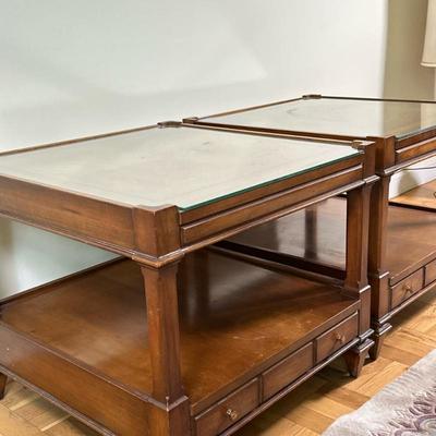 (2pc) Weiman Mahogany Square End Tables | Pair of vintage (mid 20th c.) Weiman mahogany square end tables with tooled leather top, each...