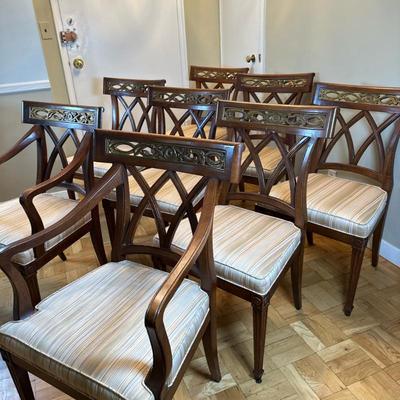 (8pc) Sheraton Style Dining Chairs | English Sheraton style upholstered seat dining chairs, with 6 side/guest chairs and 2 armchairs/end...
