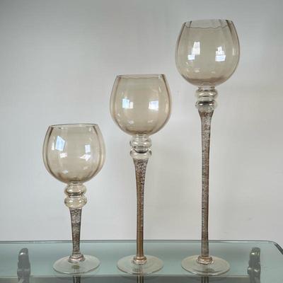(3pc) Tall Stemmed Votive/Candleholders | Set of 3 tall stemmed votive/candleholders with blown glass bowls and painted metal base....