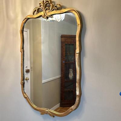 Friedman Brothers Gold Wall Mirror | Friedman Brothers "The Greenbriar" gold gilt ribbon framed wall mirror. - h. 48 x w. 30 x...