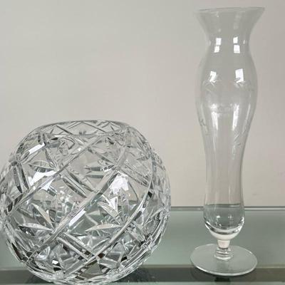 (2pc) Cut Crystal Rose Bowl & Etched Hurricane Vase | Vintage (mid 20th c.) cut crystal glass rose bowl and tall, hurricane vase with...