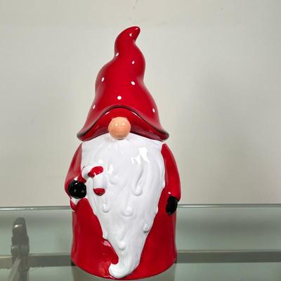 Whimsical Cupboard Gnome Cookie Jar | Whimsical Cupboard Christmas gnome cookie jar, with gnome dressed in red, with a long white beard...
