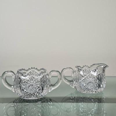 (2pc) Cut Glass Sugar Bowl & Creamer | Antique (19th c.) American Brilliant Period cut crystal glass sugar bowl and creamer. - h. 3 x...