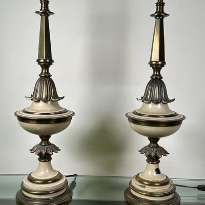 (2pc) Stiffel Regency Style Table Lamps | Pair of vintage (mid 20th c.) Regency style Stiffel solid brass and enamel table lamps with...