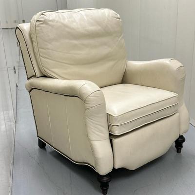 Cream Color Recliner Chair | Cream colored recliner chair (possibly leather) with nailhead trim, on wooden legs. -Arm: h. 26" Seat:...
