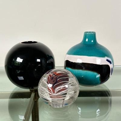 (3pc) Round Vases & Art Glass Paperweight | Three art vases including: Vintage Otagiri (Japan) round black rose bowl, with...