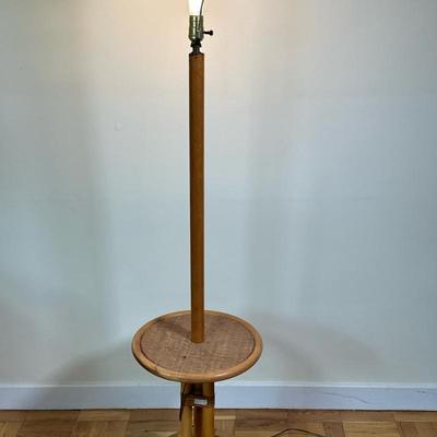 Bamboo/Rattan Floor Lamp Table | Vintage (mid 20th c.) bamboo and rattan round side table with pole floor lamp. - h. 59 x w. 14 in
