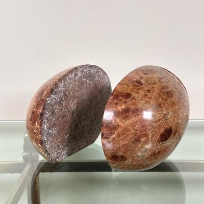 (2pc) Brown Marble Bookends | Egg-shaped brown marble bookends, seemingly of a single stone cut into two. - h. 5 x w. 7 in
