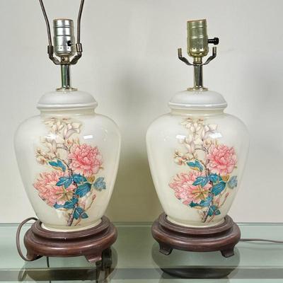 (2pc) Pink Floral Ginger Jar Table Lamps | Pair of white porcelain ginger jars turned into table lamps with hand-painted pink floral...