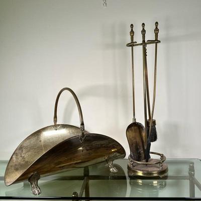 (5pc) Brass Firewood Carrier & Brass Fireplace Tools | Vintage (mid 20th c.) brass curved, claw footed firewood/log carrier and set...