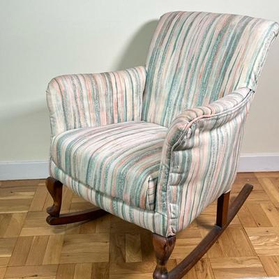 Upholstered Rocking Chair | Upholstered rocking chair on carved wood legs with striped upholstery. Seat: d. 16" - h. 30.5 x w. 24 x...