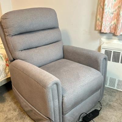 Remote-Operated Recliner Armchair | Modern lift/remote-operated recliner armchair with gray upholstery. - h. 40 x w. 33 x d. 36 in