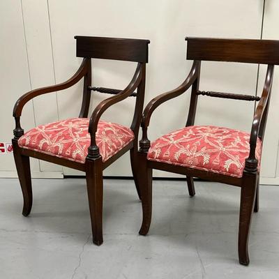 (2pc) Sheraton Style Armchairs | Pair of Sheraton style mahogany wooden armchairs with red upholstered seats. Back: h. 36.5" x w....