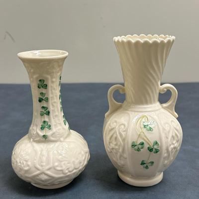 (2pc) Belleek Vases - "Shamrock" | Vintage (mid 20th c.) Belleek Pottery "Shamrock" pattern vases, including:...