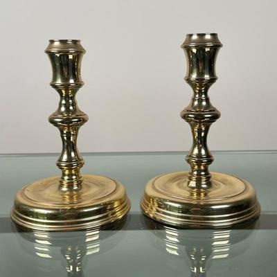 (2pc) Baldwin Brass Candlestick Holders | Pair of vintage (mid-20th c.) Baldwin baluster style brass candlestick holders. - h. 6 x w. 4 in
