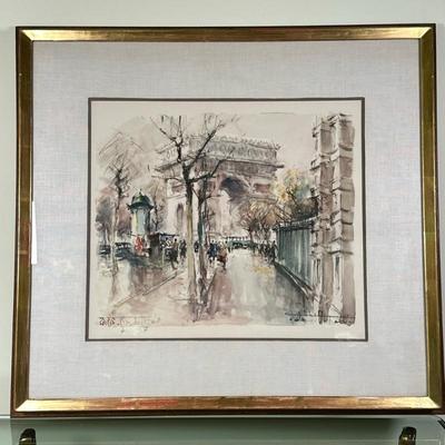 Denis Verspecht (French, 1919-1996) Watercolor - "Place de l'Etoile" | Scenic painting of the Arc de Triomphe monument in...