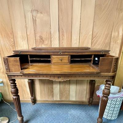Writing/Secretary Desk | Antique carved wood writing/secretary desk with compartments and folding cover. Vintage Writing surface height:...