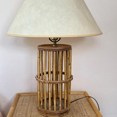 Bamboo Style Table Lamp | Unique table lamp with organic materials rib base, possibly woven from a coconut tree or bamboo plant, with...