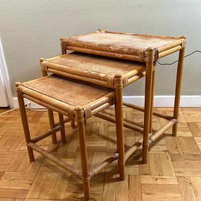 (3pc) Bamboo/Rattan Nesting Tables | Vintage (mid 20th c.) bamboo and rattan nesting tables, set of three. Smallest: h. 18" x w....