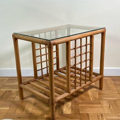 Bamboo/Rattan Side Table | Vintage (mid 20th c.) bamboo and rattan side table with rectangular glass top. - h. 61 x w. 17 in
