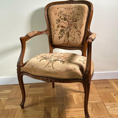 Louis XV Style Walnut & Needlepoint Armchair | Louis XV style carved walnut and needlepoint upholstered armchair. - h. 34 x w. 22.5 x...
