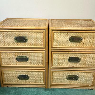 (2pc) 3-Drawer Rattan Side Tables | Pair of vintage (mid 20th c.) light wash rattan side tables/cabinets with three drawers and brass...