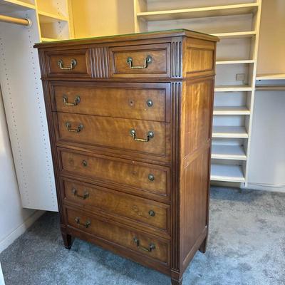7-Drawer Tall Chest of Drawers | Vintage (mid 20th c.) tall wooden chest of drawers with 7 dovetail joint drawers. Marked on backside:...
