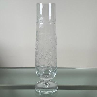 Tall Etched Glass Vase | Vintage (mid 20th c.) tall, thin, hurricane vase with etched floral design. - h. 11.5 x w. 3 in