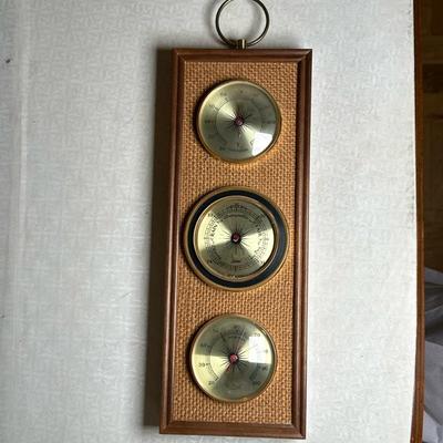 Jason Mounted Weather Station | Vintage (mid 20th c.) Jason (Japan) brand brass and grasscloth mounted weather station, including...