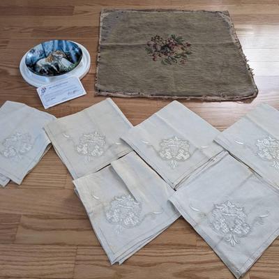 Antique Napkins, Needlepoint and Collector Plate