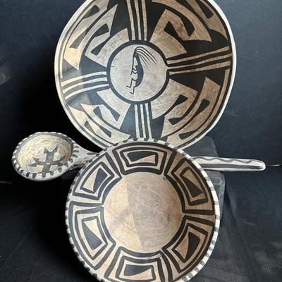 3 Piece Modern Anasazi Pottery Set, Two Bowls + Dipper