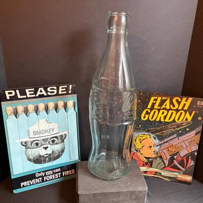 Giant Coca-Cola Promotional Glass Bottle & Smokey Bear, Flash Gordon Metal Signs