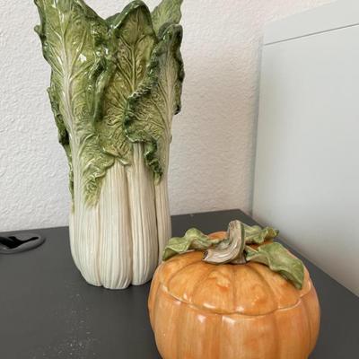 Fitz and Floyd ceramics celery vase and pumpkin covered vase.