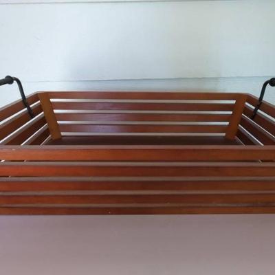 Wood Slat Tray w/ Metal Carrying Handles 