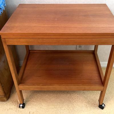 Danish-style Wooden Tray Table On Wheels, Unfolds to Double Length