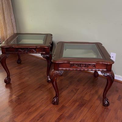 Beveled Glass Top Carved End tables