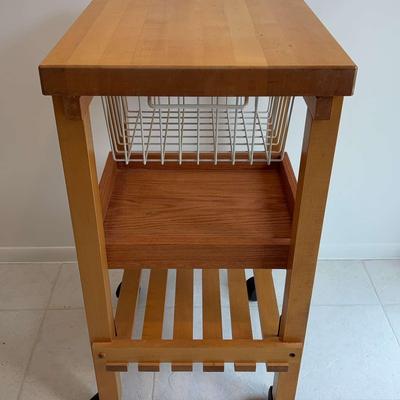 Wood Rolling Kitchen Cart with Wire Basket & Shelf | Butcher Block Top Prep Station