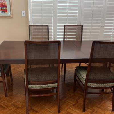 Vintage Dining Table with 6 Cane-Back Chairs & Protective Pads | Expandable With Inlay Veneer Top