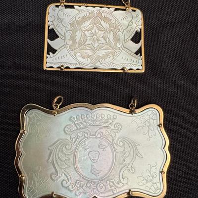 Engraved Mother-of-Pearl Plaques | One 14K Gold & One Gilt Frame with Heraldic & Floral Designs
