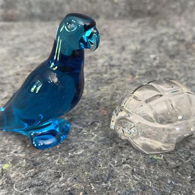 Baccarat France Crystal Figurines | Blue Parrot & Clear Turtle with Hallmarks (Set of 2)