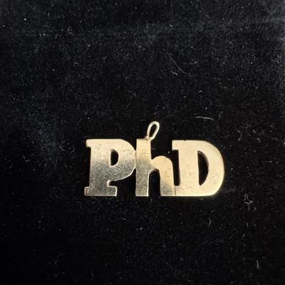 Gold Tone “PhD” Pendant | Bold Block Letters | 1.84g Total Weight | Graduation Gift or Charm