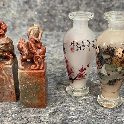 Chinese Soapstone Seals & Reverse-Painted Glass Snuff Bottles | Handcrafted Asian Art Lot
