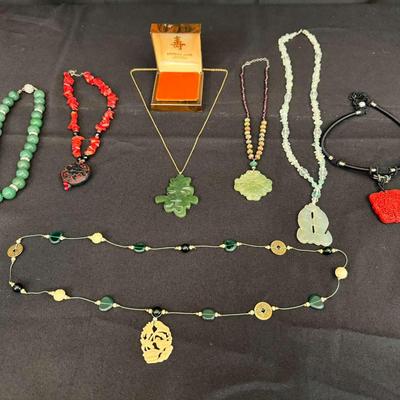Asian-Inspired Jewelry Lot | Genuine Jade &12KGF Chain, Carved Pendants, Coral & Beaded Necklaces
