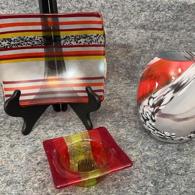 Modern Art Glass Décor Trio | Fused Glass Striped Dishes - One Signed & Swirled Red/Black Vase