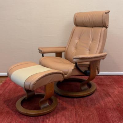 Scandinavian J. W. Ekornes Stressless Recliner Beige Lounge Chair + Ottoman