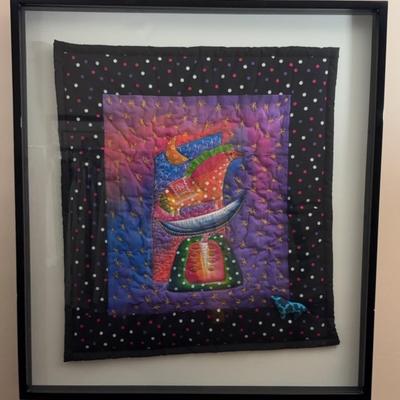 Framed Textile Art Quilt | Whimsical Hand-Stitched Horse & Moon Scene with Folk Art Style