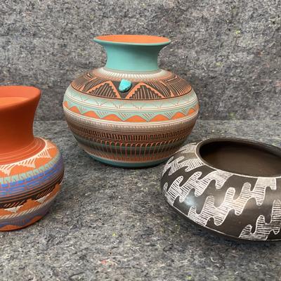 Signed Navajo Pottery Lot | Michael Charlie, Whitegoat & Bravo Etched Vessels