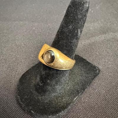 14K Yellow Gold Ring with Dark Grey Cabochon Stone | Brutalist Design | 7.89g Total Weight