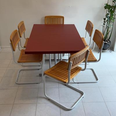 Postmodern Dining Set | 7-Piece Table & Cantilever Chair Set with Red Laminate & Chrome Base