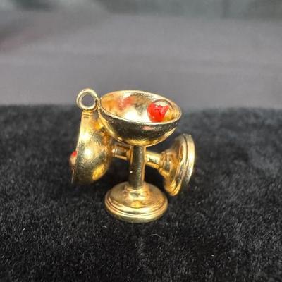 14K Yellow Gold Martini Glasses Charm | Trio Design with Red Stone “Olives” | 2.89g Total Weight